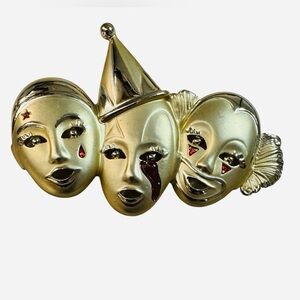 Vintage Gold Tone Crying Clowns Brooch Pin
